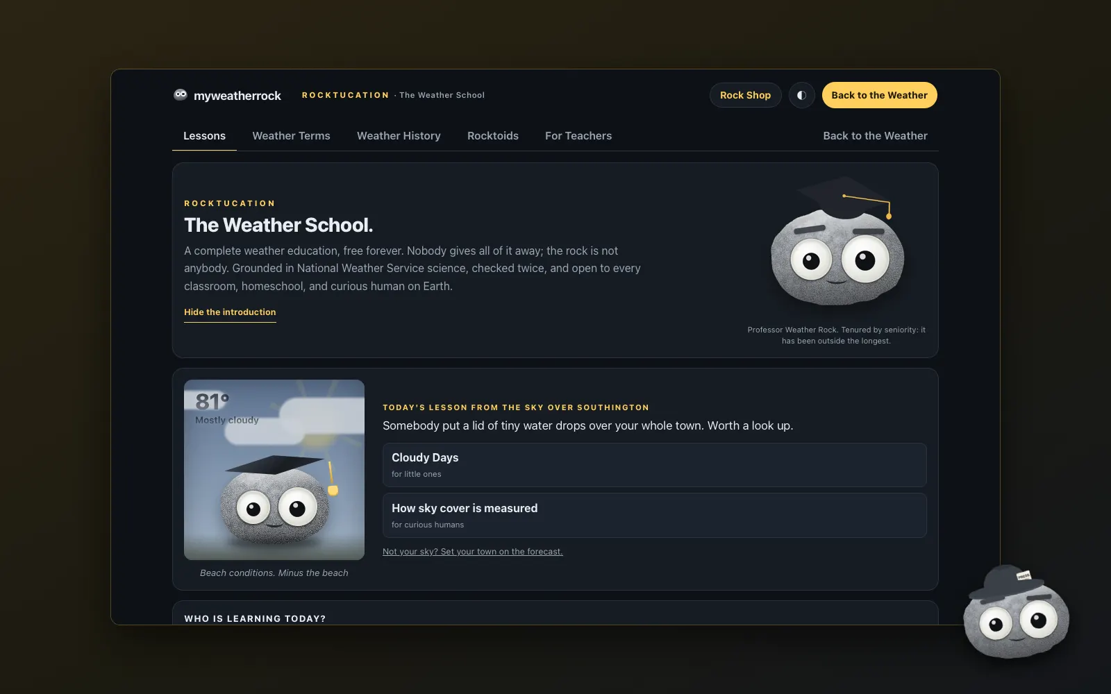 The Weather School hub page, framed with the Journalist Weather Rock badge.
