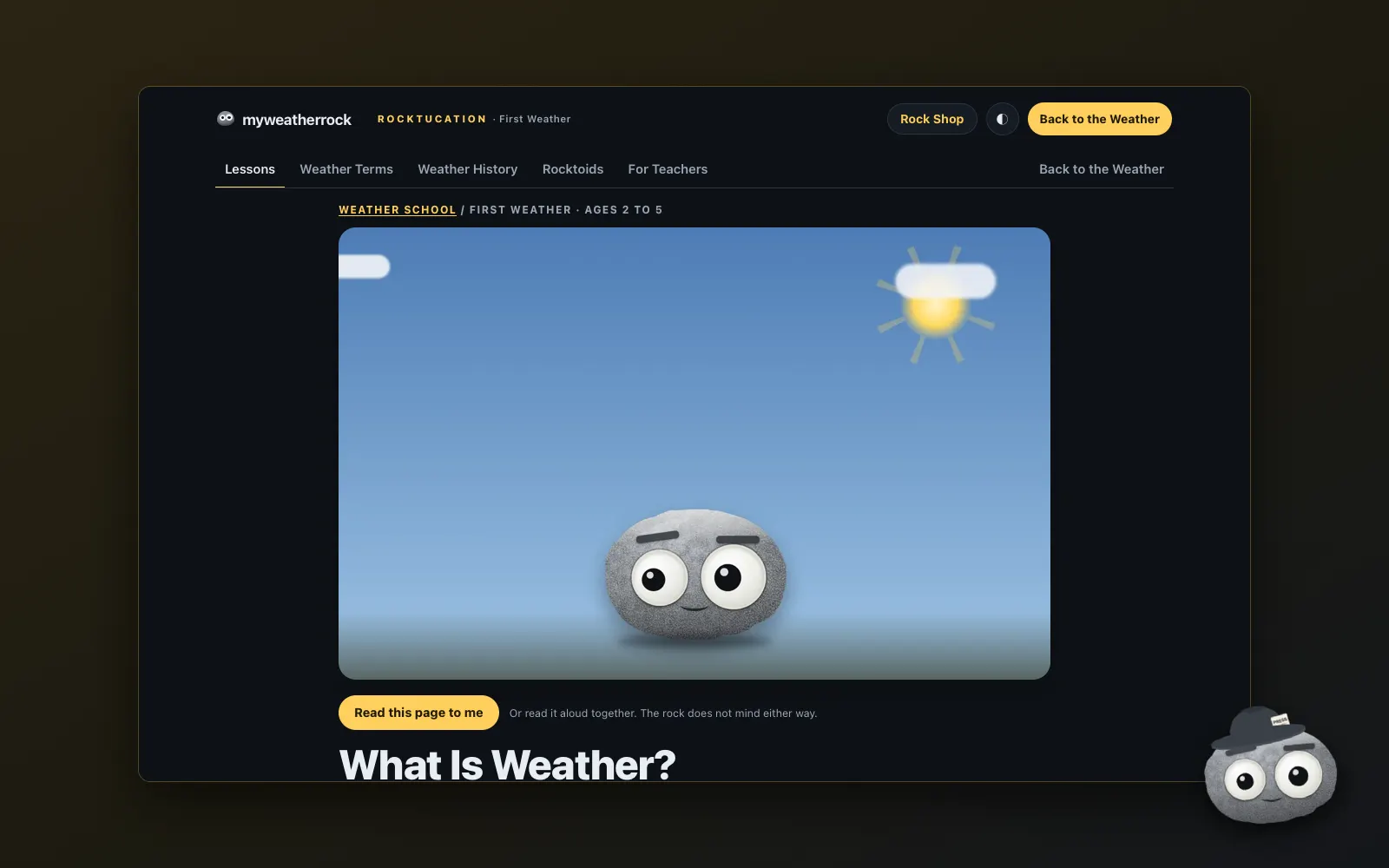 The What Is Weather lesson for ages two to five, framed with the Journalist Weather Rock badge.