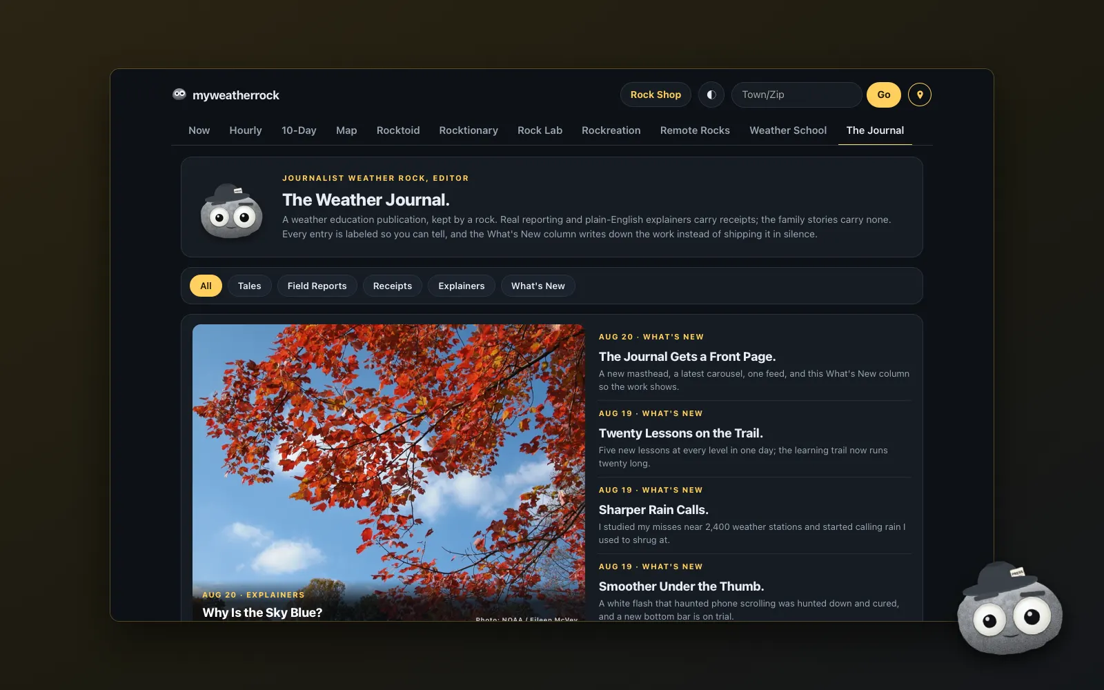 The redesigned Weather Journal front page, framed with the Journalist Weather Rock badge.