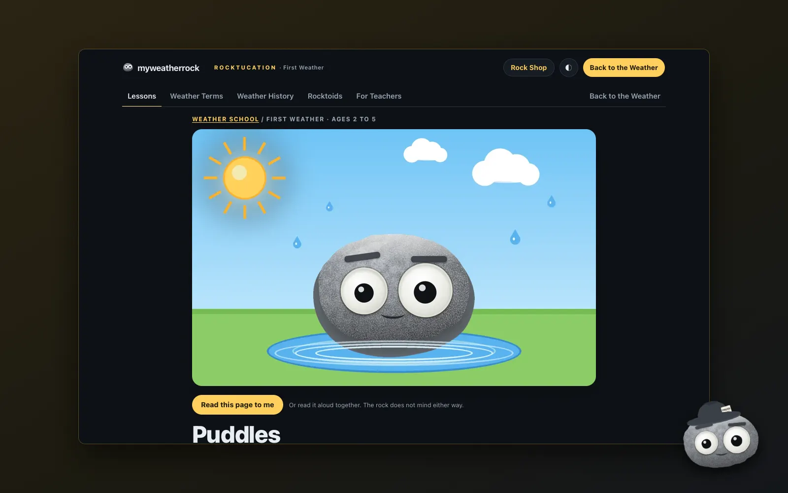 The Puddles first-weather lesson page, framed with the Journalist Weather Rock badge.