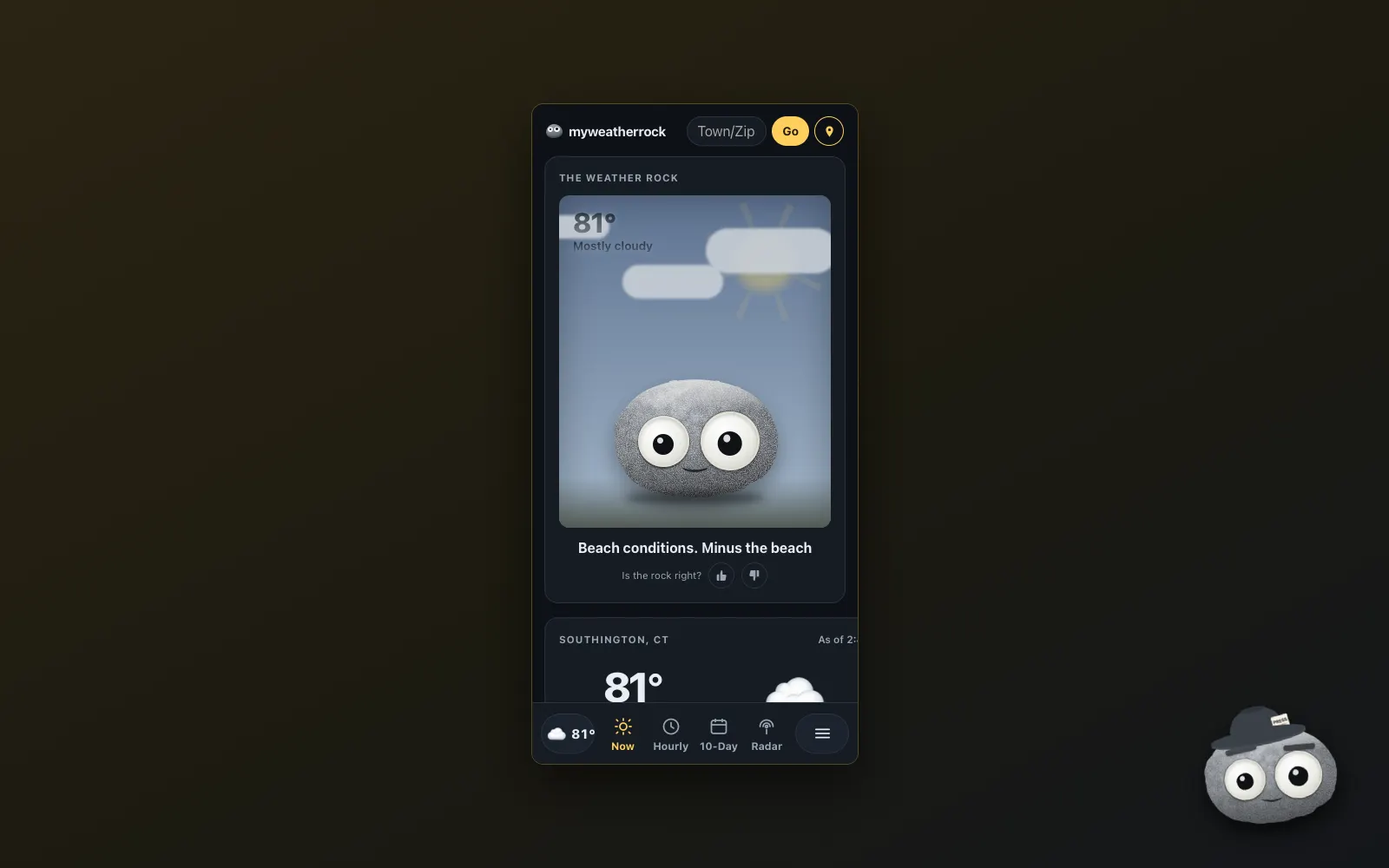 The forecast page on a phone showing the new bottom bar, framed with the Journalist Weather Rock badge.