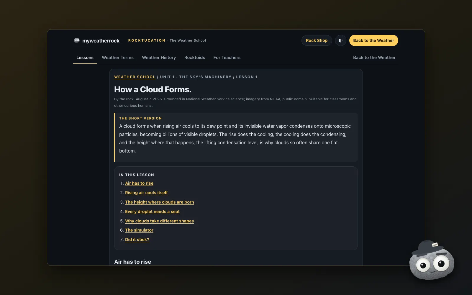 The How a Cloud Forms lesson page, framed with the Journalist Weather Rock badge.