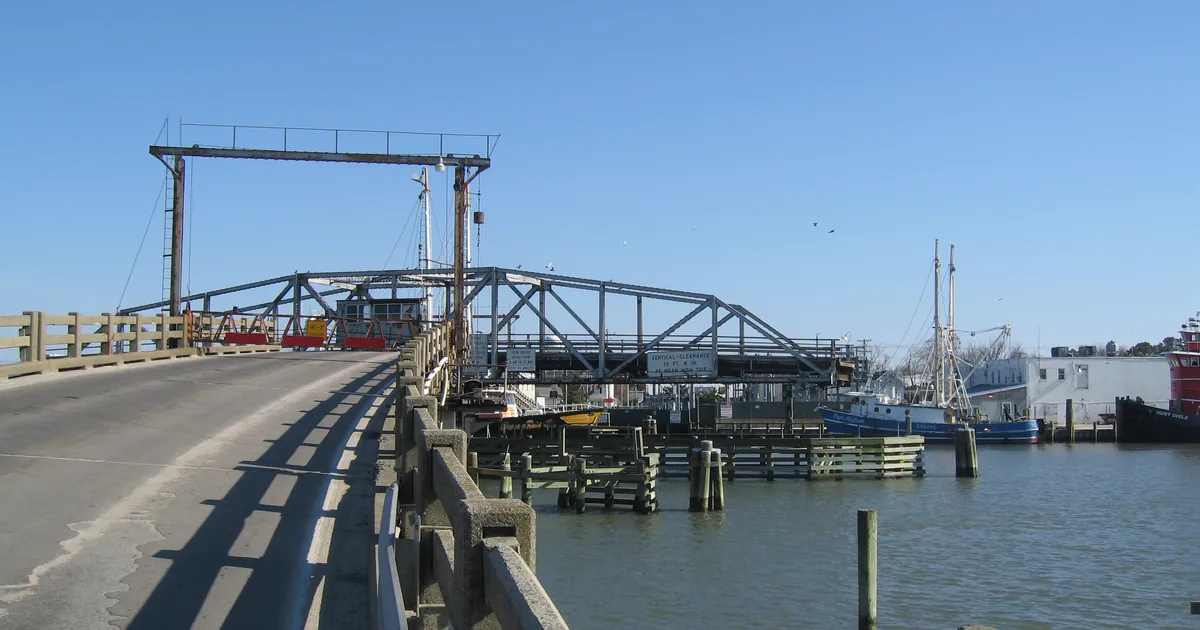 The Chincoteague Channel swing bridge on the causeway into Chincoteague, Virginia, photographed on 5 March 2009.