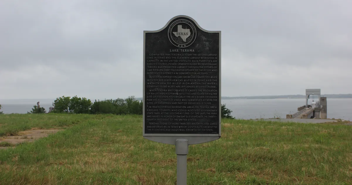 The marker for Lake Texoma is located at the overlook on the Texas side just before the Denison Dam.