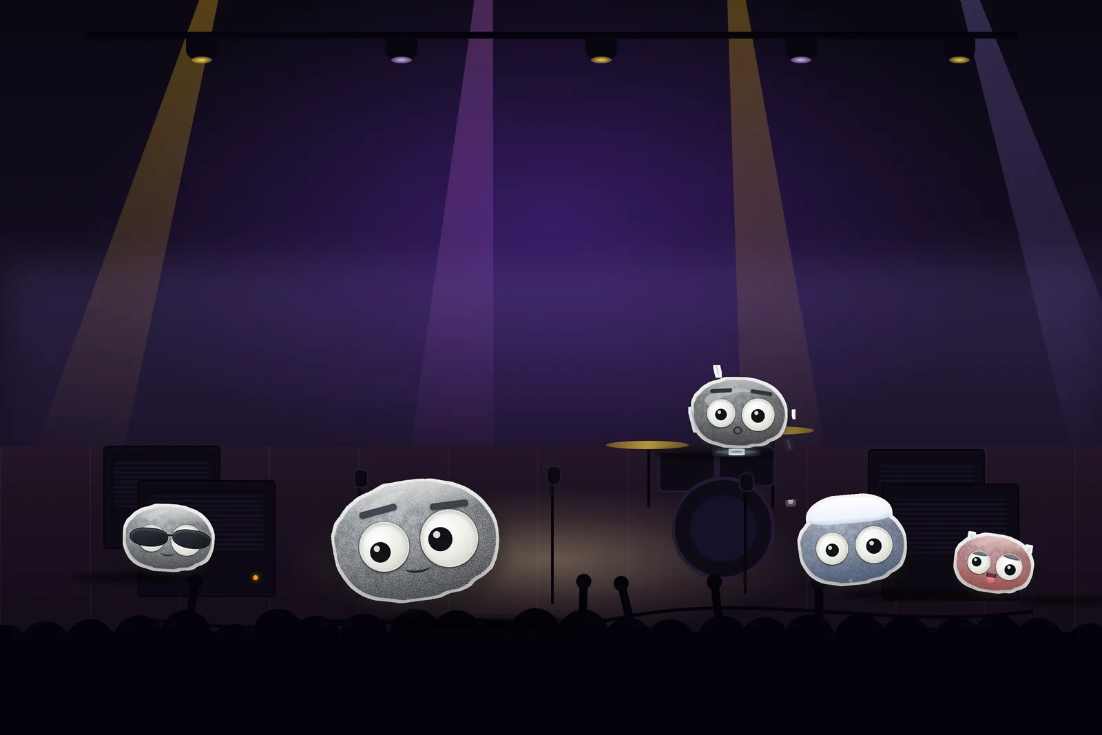 Five weather rocks crudely pasted onto a concert stage under purple lights, visible white cutout edges and all.