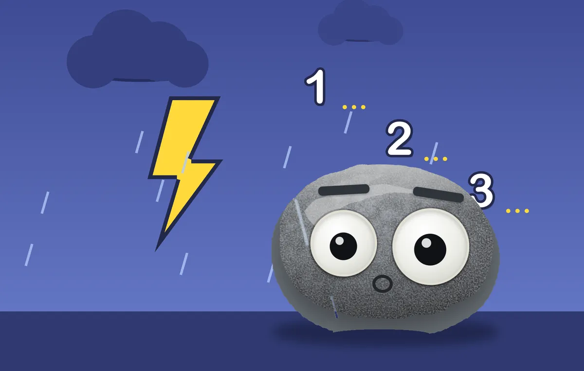 The weather rock looking surprised in a storm while a big yellow lightning bolt flashes and the numbers one, two, three float in the sky.