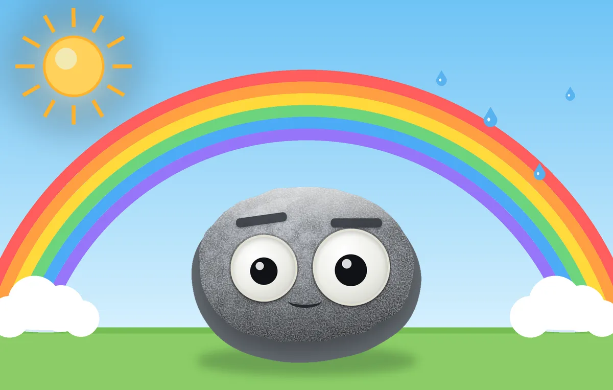 The weather rock smiling under a big bright rainbow, with the sun on one side and raindrops sparkling on the other.