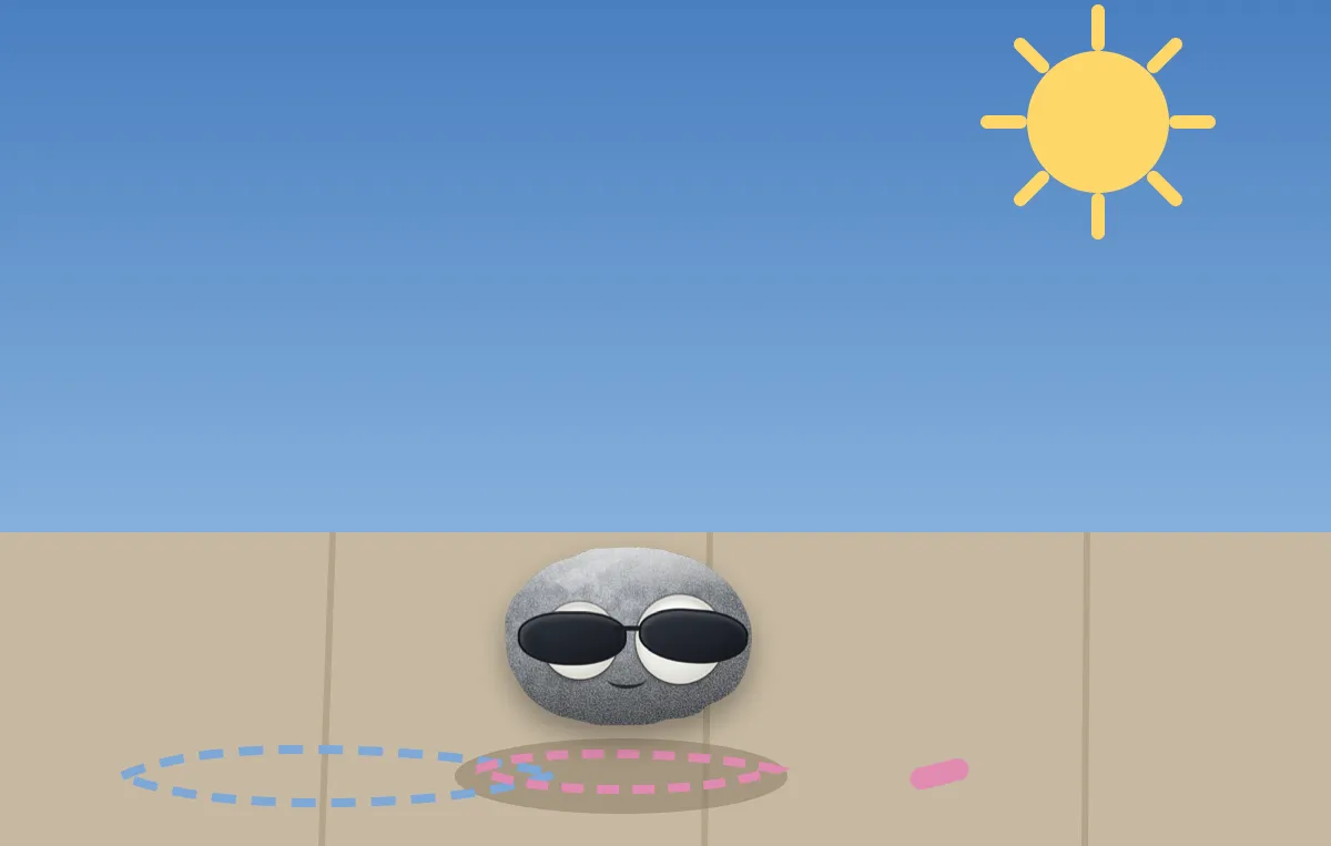 The weather rock on a sunny sidewalk between two chalk outlines of its shadow, one long and one short, under a high bright sun.