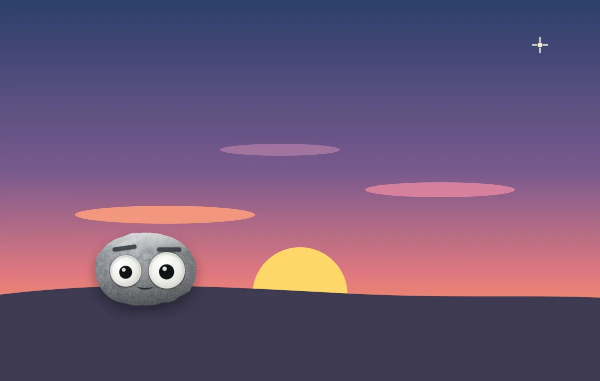 The weather rock watching an orange and pink sunset, the glow low near the horizon and dimming upward into blue.